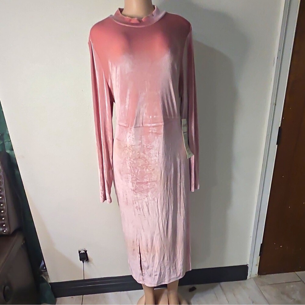 Ashro Pink Velvet Mock Neck Long Sleeve Midi Bodycon Dress Stretch 1X